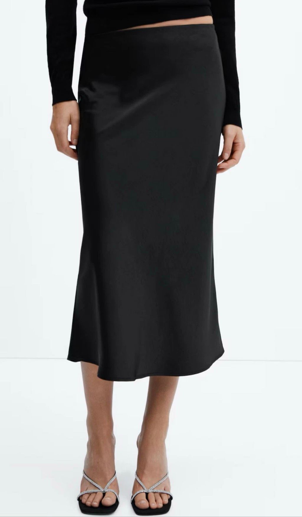 Mango $80 Satin Midi Skirt Black Slip Skirt Elastic Waist Fluid Xxl Nwt